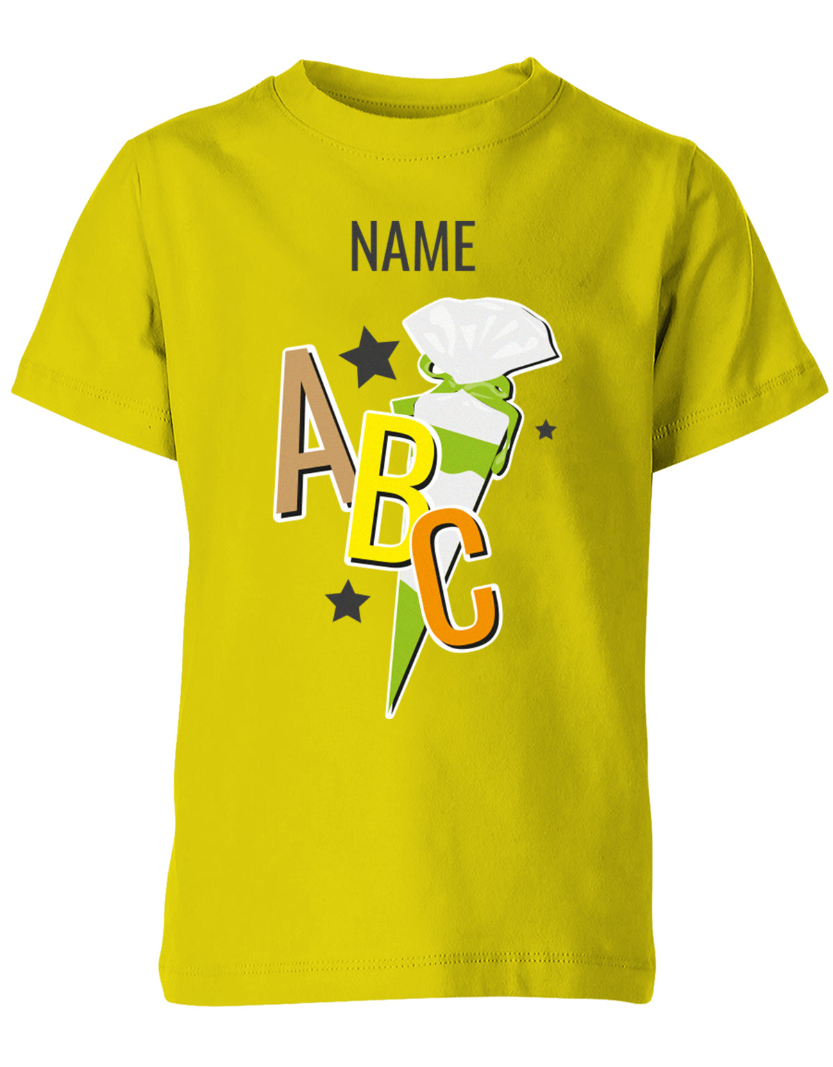 Schulkind ABC Schultüte Große Buchstaben Sterne mit Name T-Shirt Gelb