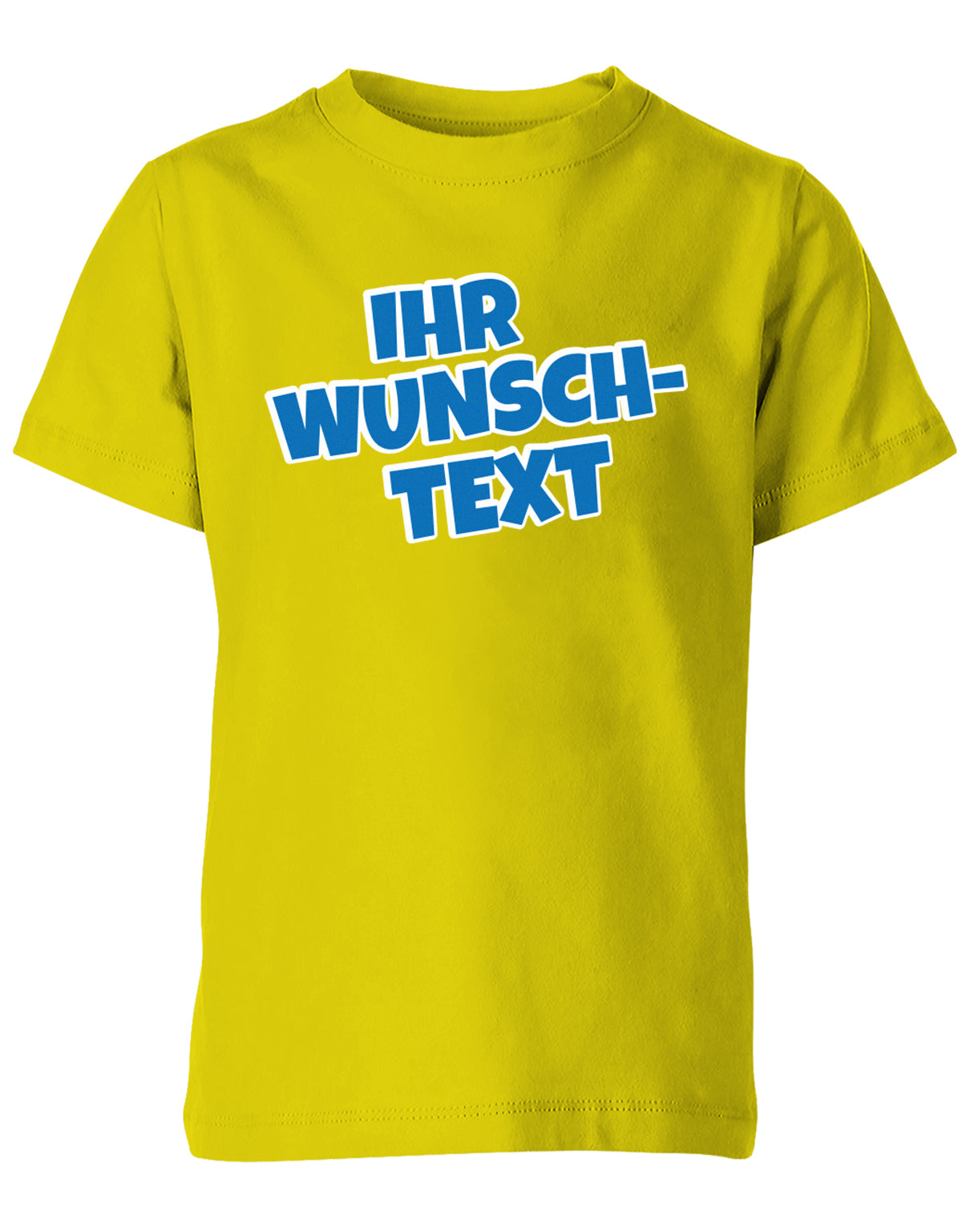 Kinder Tshirt mit Wunschtext.  Comic Schriftart mit weißer Umrandung.  Gelb
