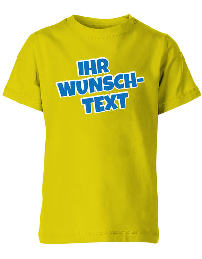 Kinder Tshirt mit Wunschtext.  Comic Schriftart mit weißer Umrandung.  Gelb