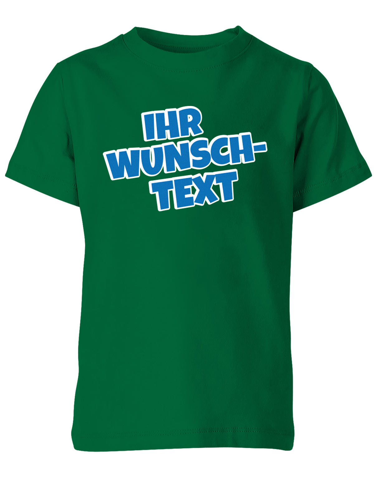 Kinder Tshirt mit Wunschtext.  Comic Schriftart mit weißer Umrandung.  Grün