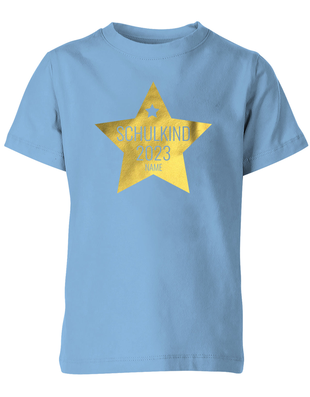 Goldener Stern Schulkind 2023 mit Name -Einschulung T-Shirt Hellblau