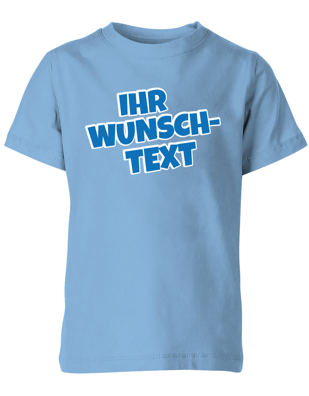 Kinder Tshirt mit Wunschtext.  Comic Schriftart mit weißer Umrandung.  Hellblau