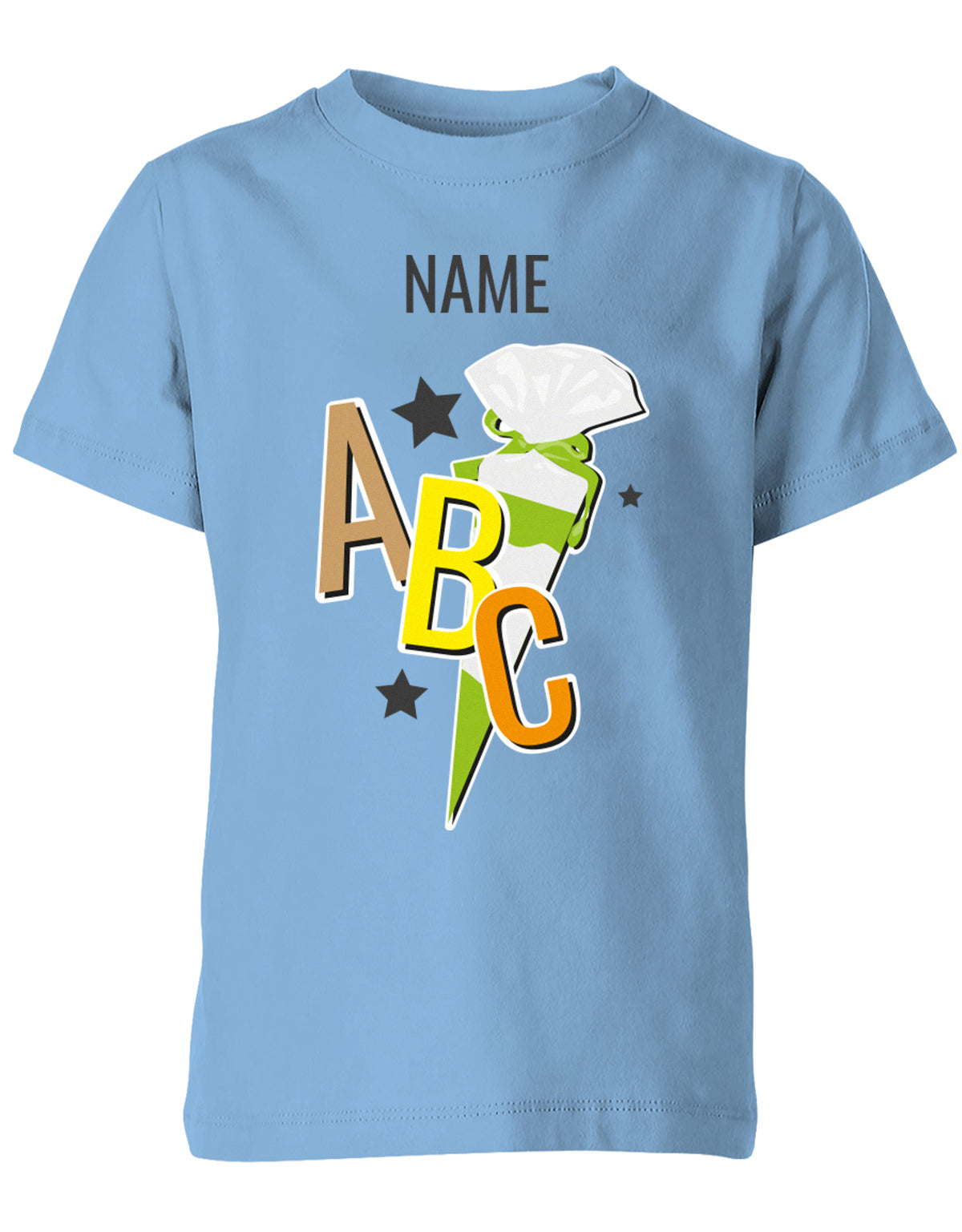 Schulkind ABC Schultüte Große Buchstaben Sterne mit Name T-Shirt Hellblau