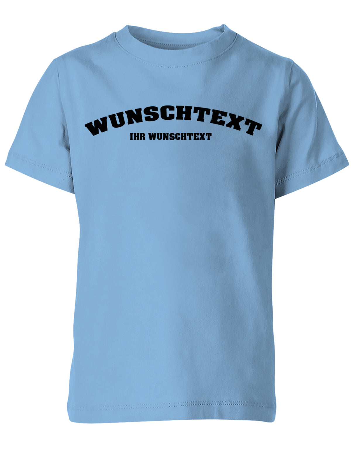 Kinder Tshirt mit Wunschtext.  Abgerundeter Text im Collage-Style. Hellblau