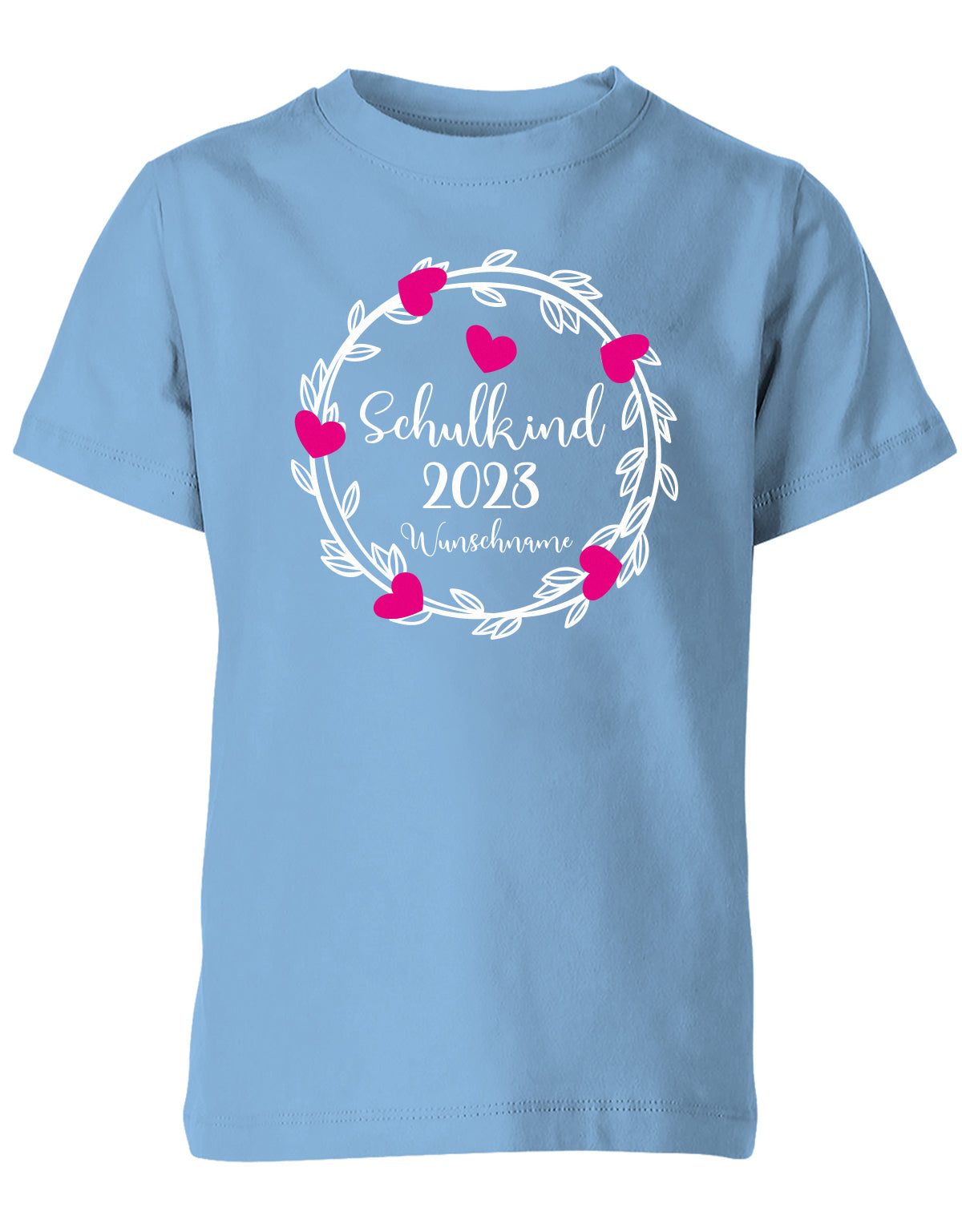 Schulkind 2023 Blumen Herzchen mit Name - Einschulung - Kinder T-Shirt Hellblau