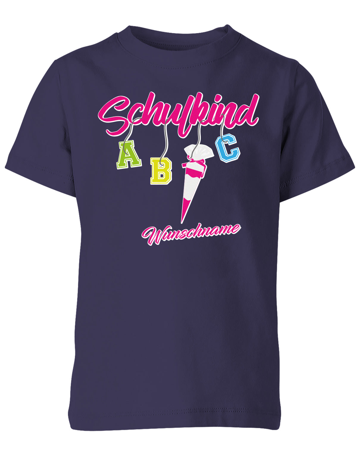Schulkind ABC Schultüte Wunschname Blau oder Pink Einschulung Kinder T-Shirt Navy Pink