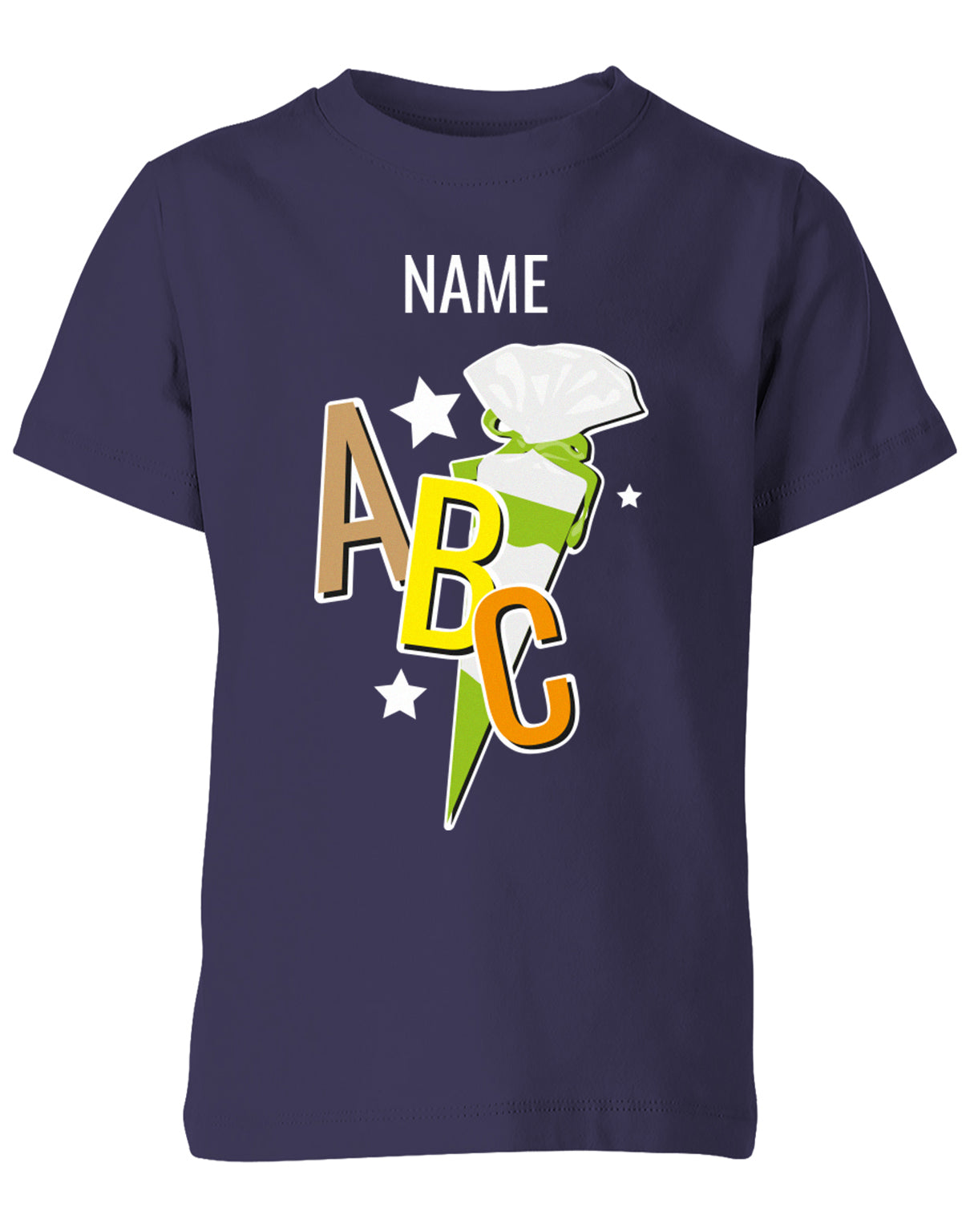 Schulkind ABC Schultüte Große Buchstaben Sterne mit Name T-Shirt Navy