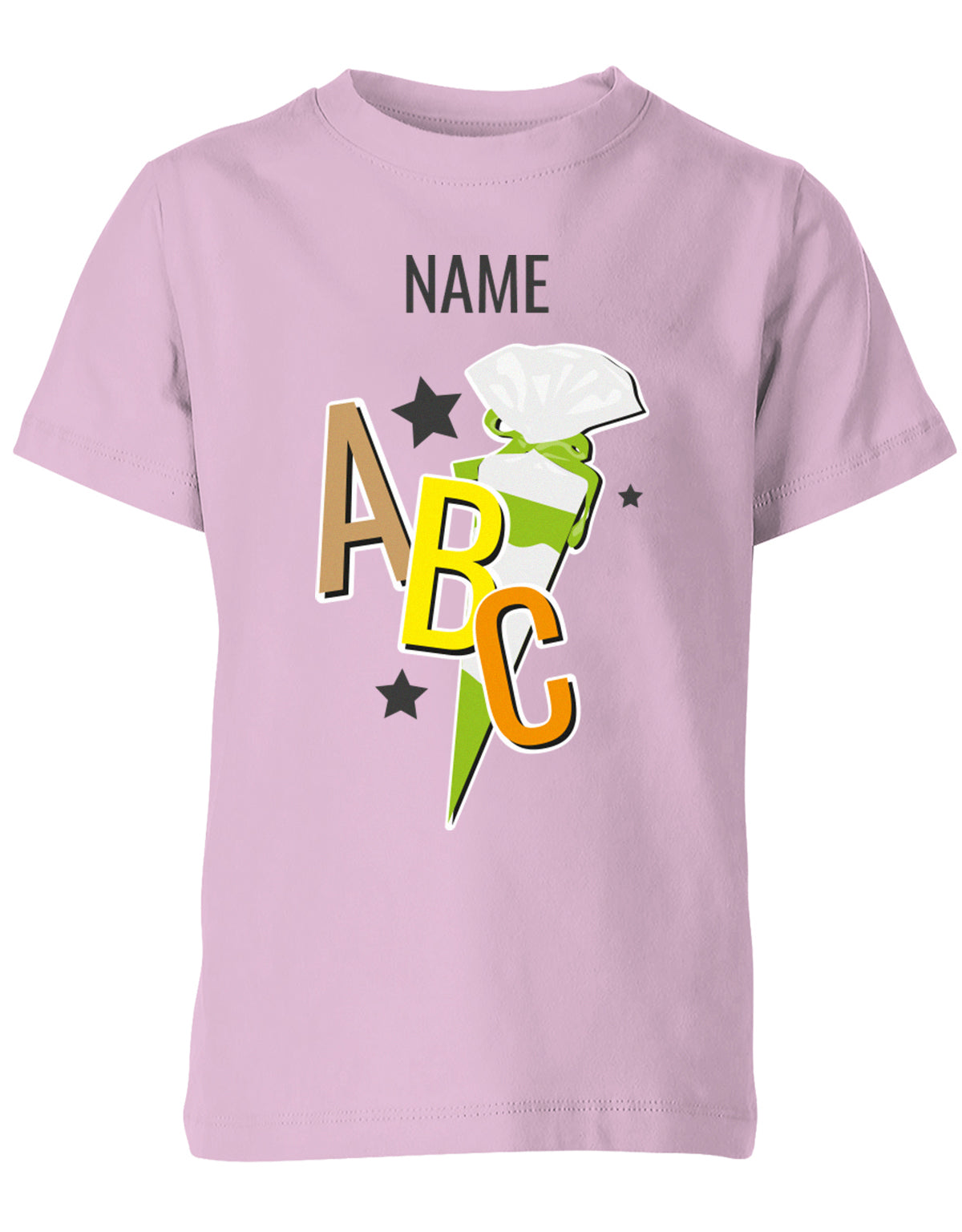 Schulkind ABC Schultüte Große Buchstaben Sterne mit Name T-Shirt Rosa