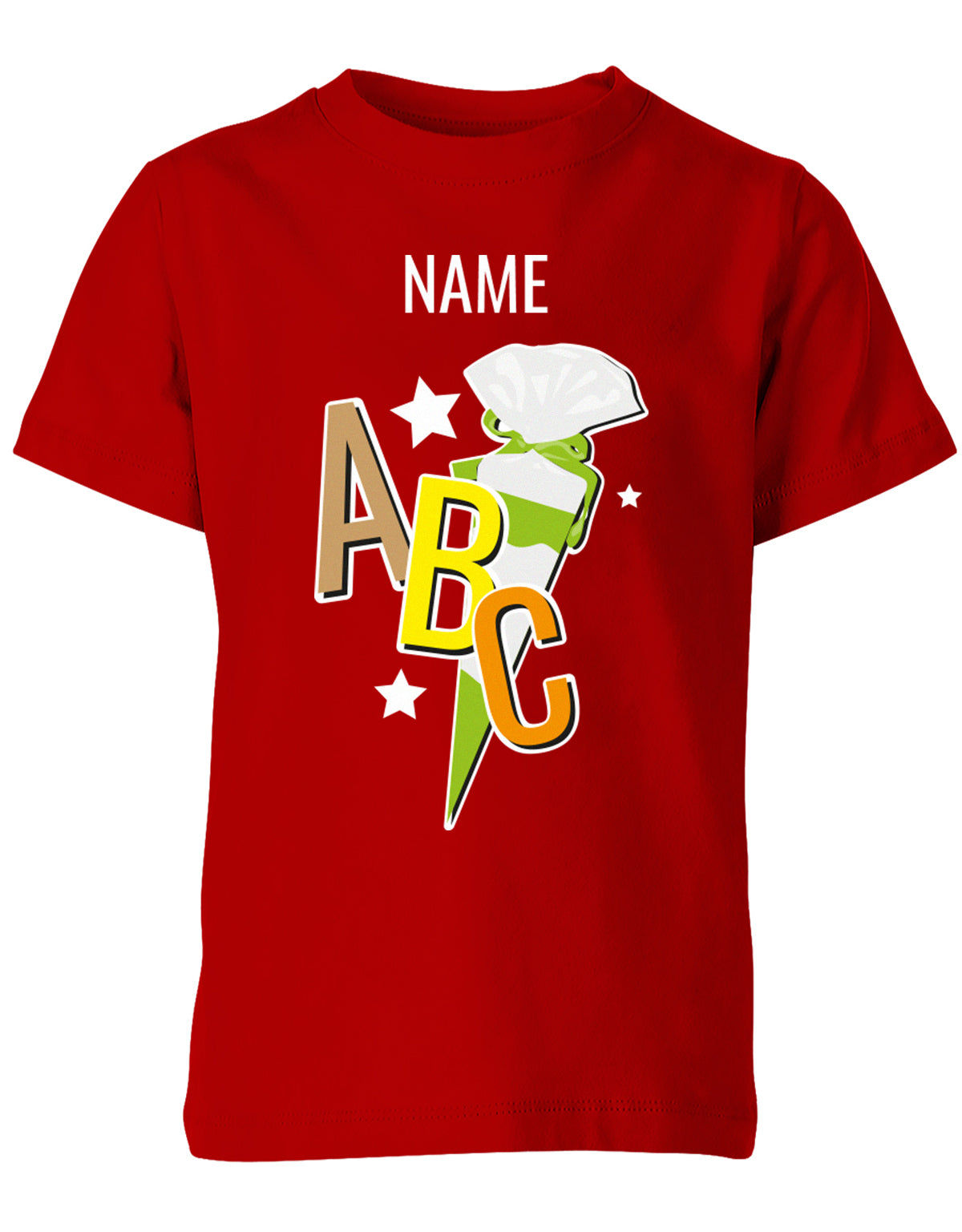 Schulkind ABC Schultüte Große Buchstaben Sterne mit Name T-Shirt Rot