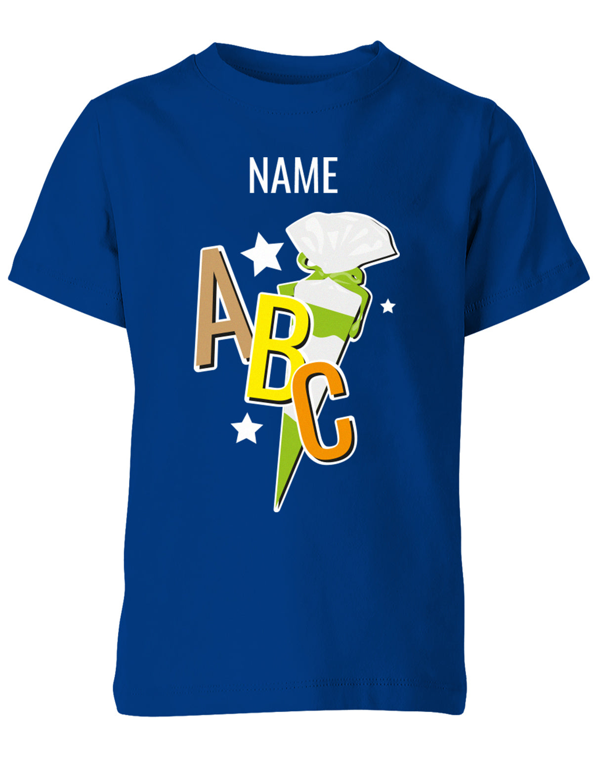 Schulkind ABC Schultüte Große Buchstaben Sterne mit Name T-Shirt Royalblau
