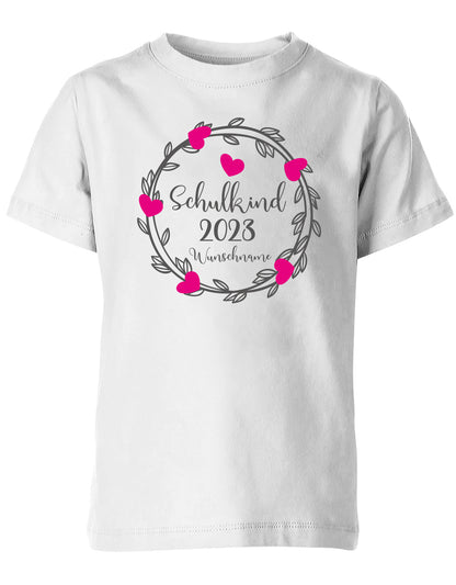 Schulkind 2023 Blumen Herzchen mit Name - Einschulung - Kinder T-Shirt Weiss