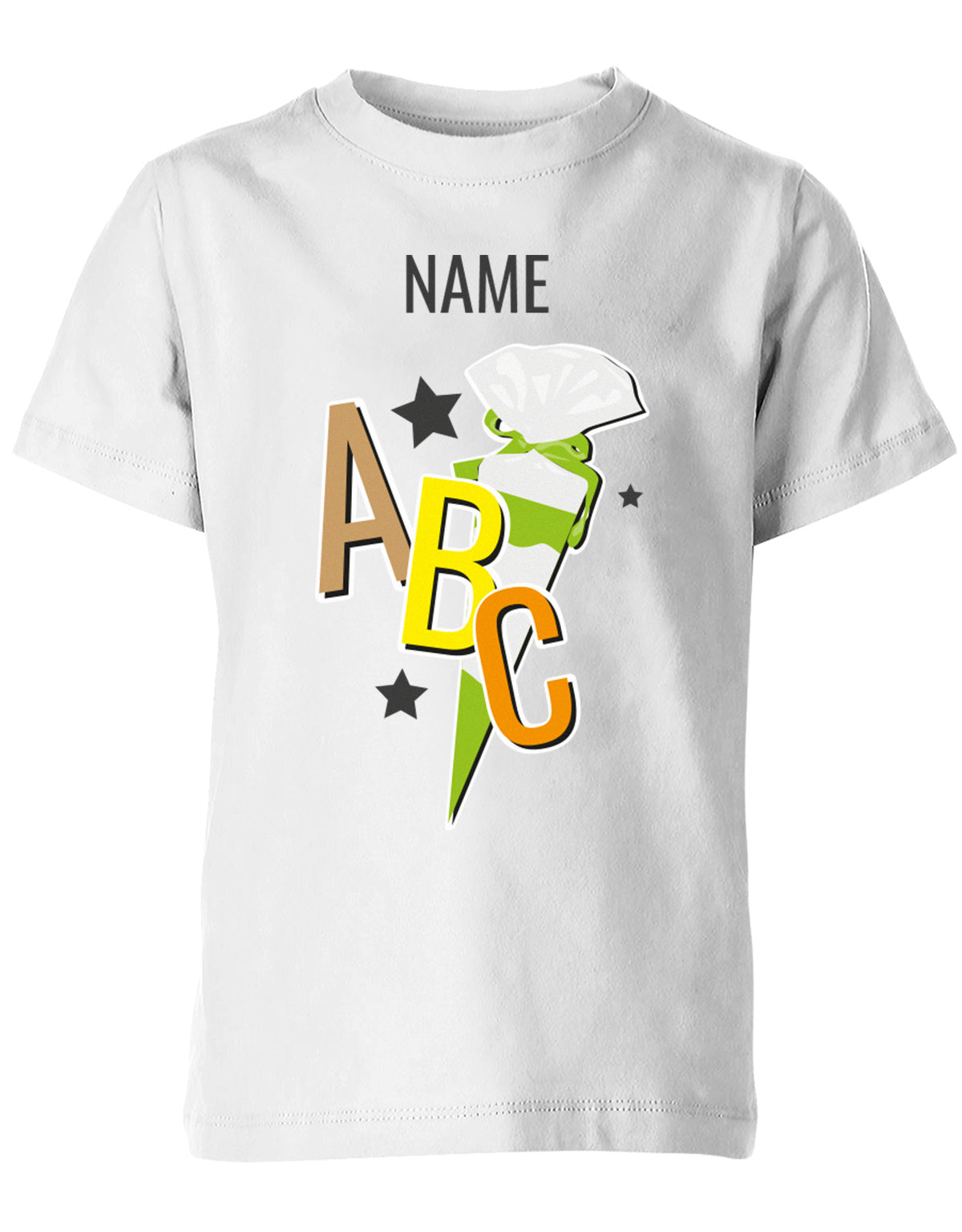 Schulkind ABC Schultüte Große Buchstaben Sterne mit Name T-Shirt Weiss