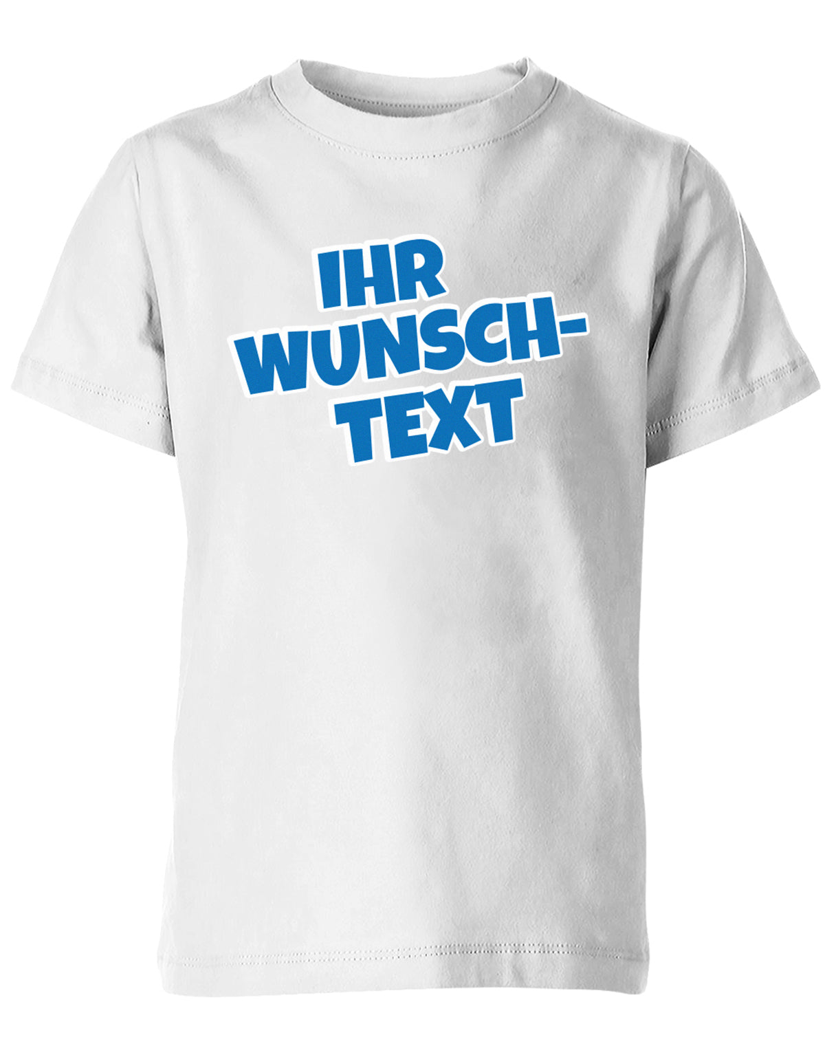 Kinder Tshirt mit Wunschtext.  Comic Schriftart mit weißer Umrandung.  Weiss