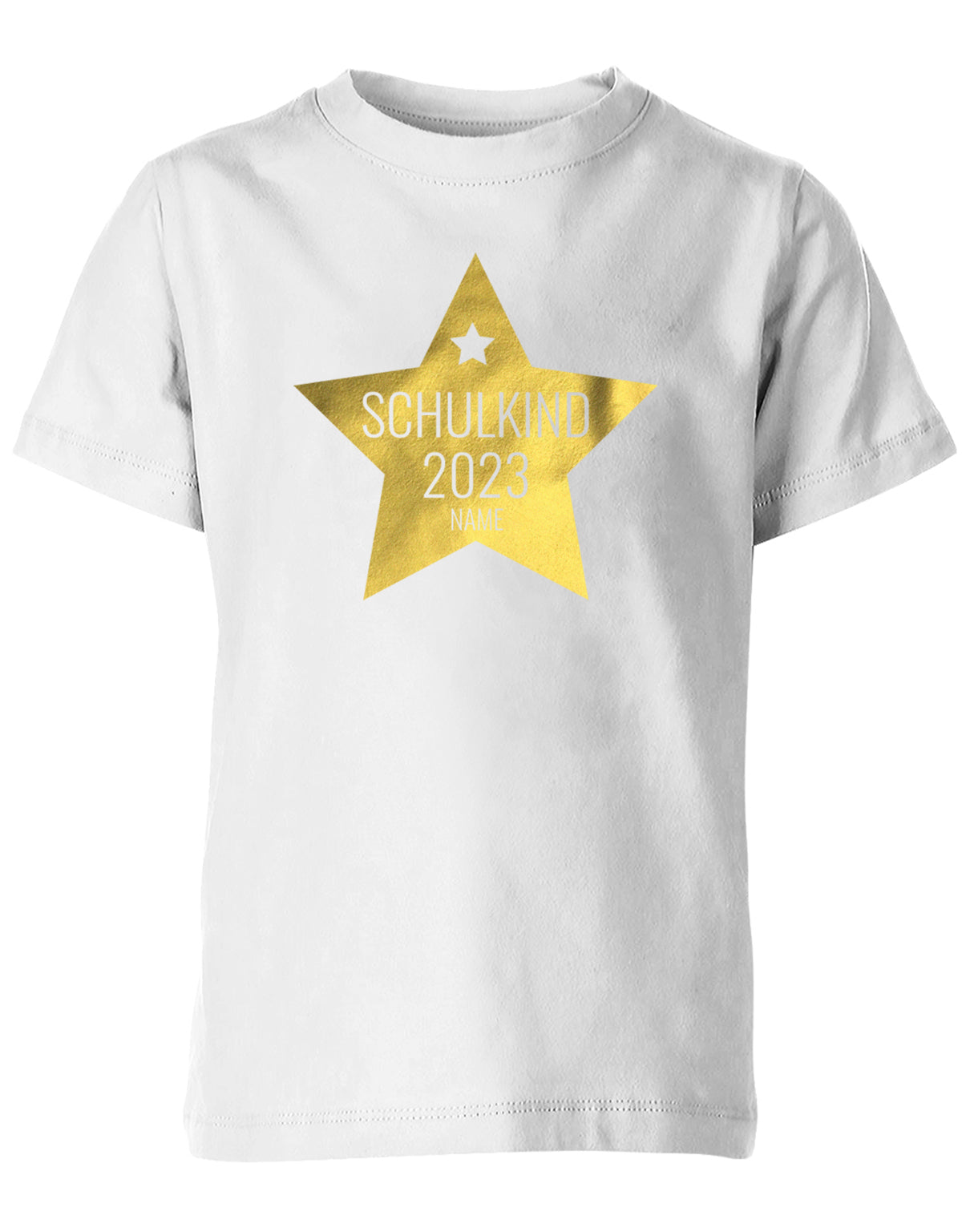Goldener Stern Schulkind 2023 mit Name -Einschulung T-Shirt Weiss