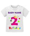 T Shirt 2 Geburtstag Mädchen Baby. Große Zwei mit Krone und Sternen Second Birthday. Personalisiert mit Name vom Geburtstagskind. Weiss