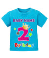 T Shirt 2 Geburtstag Mädchen Baby. Große Zwei mit Krone und Sternen Second Birthday. Personalisiert mit Name vom Geburtstagskind. Blau