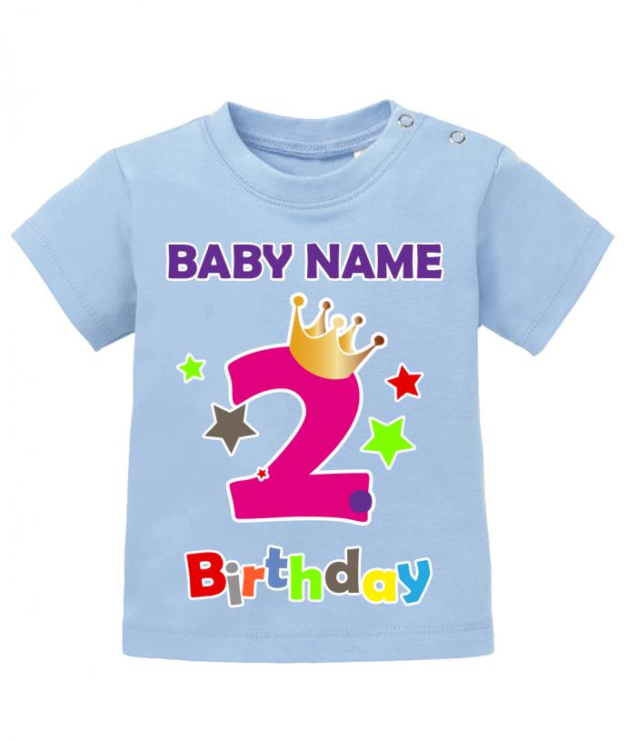 T Shirt 2 Geburtstag Mädchen Baby. Große Zwei mit Krone und Sternen Second Birthday. Personalisiert mit Name vom Geburtstagskind. Hellblau