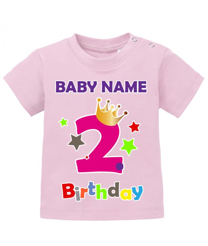 T Shirt 2 Geburtstag Mädchen Baby. Große Zwei mit Krone und Sternen Second Birthday. Personalisiert mit Name vom Geburtstagskind.