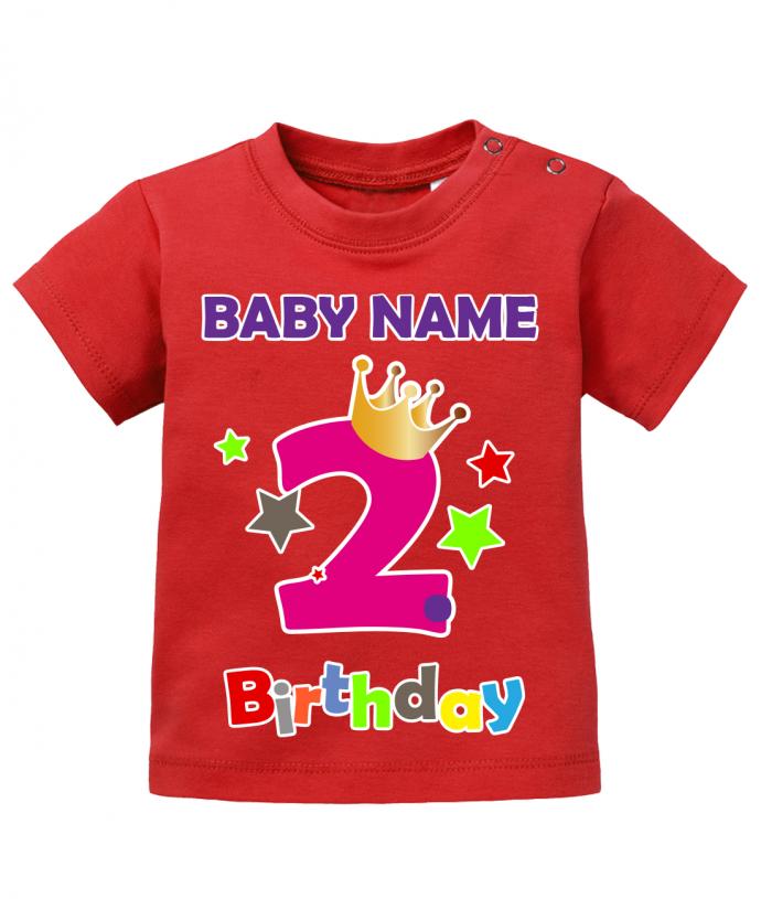 T Shirt 2 Geburtstag Mädchen Baby. Große Zwei mit Krone und Sternen Second Birthday. Personalisiert mit Name vom Geburtstagskind.Rot