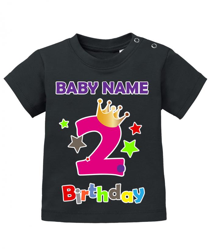 T Shirt 2 Geburtstag Mädchen Baby. Große Zwei mit Krone und Sternen Second Birthday. Personalisiert mit Name vom Geburtstagskind. Schwarz
